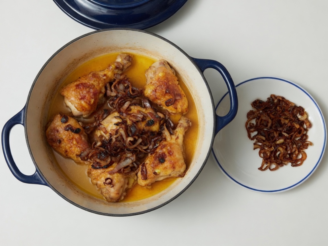 Onions and chicken browning in ghee