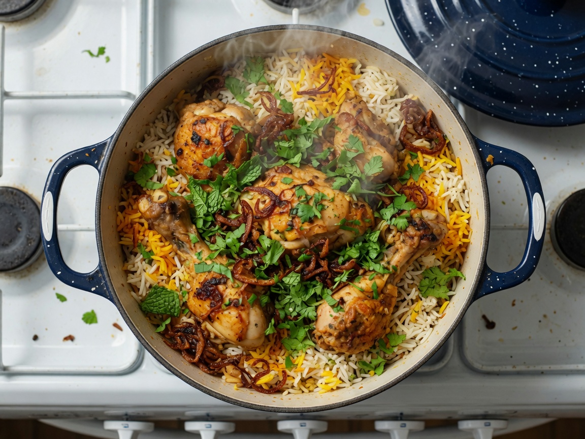 Layered chicken biryani in the pot, food visible