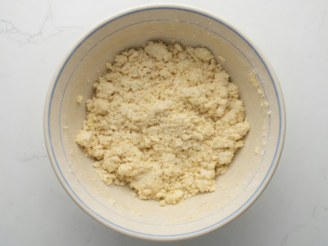 Cold buttermilk pouring into flour with pea-size butter cubes for the biscuits
