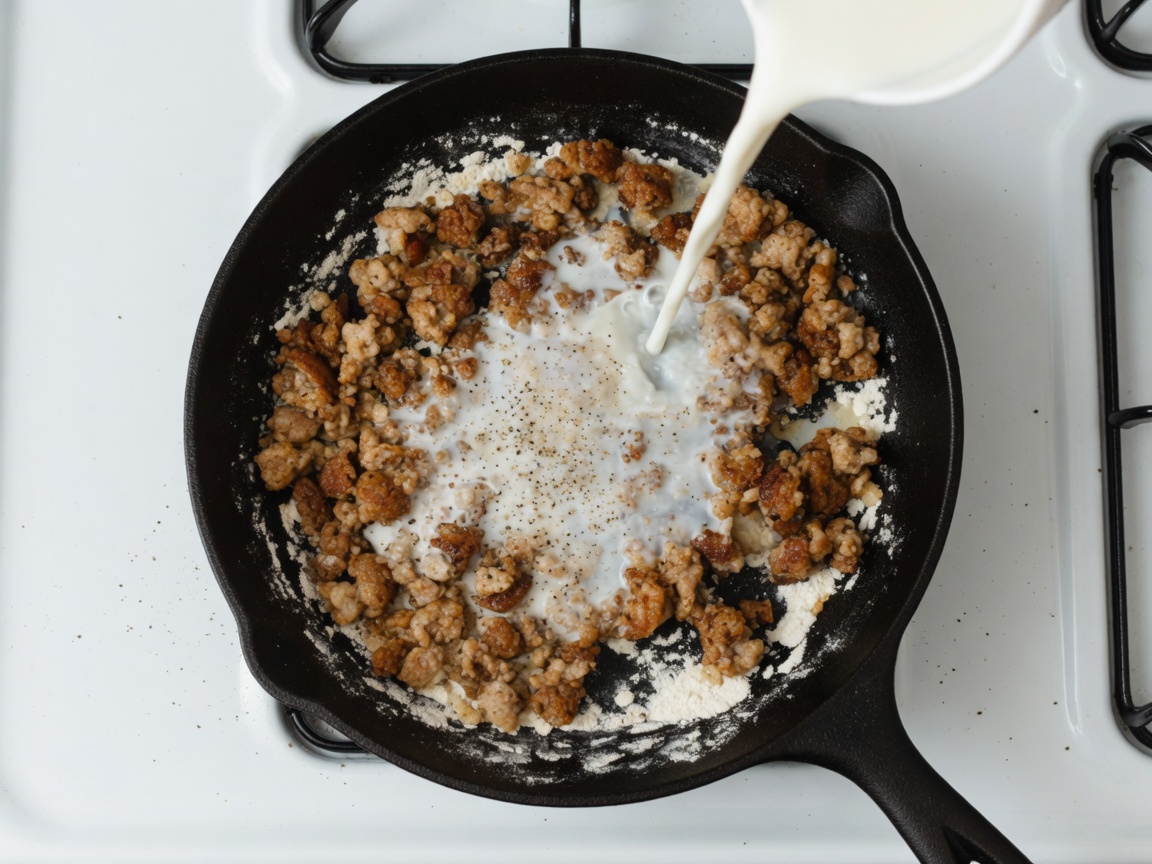 Breakfast sausage browning in a black cast-iron skillet with milk gravy starting
