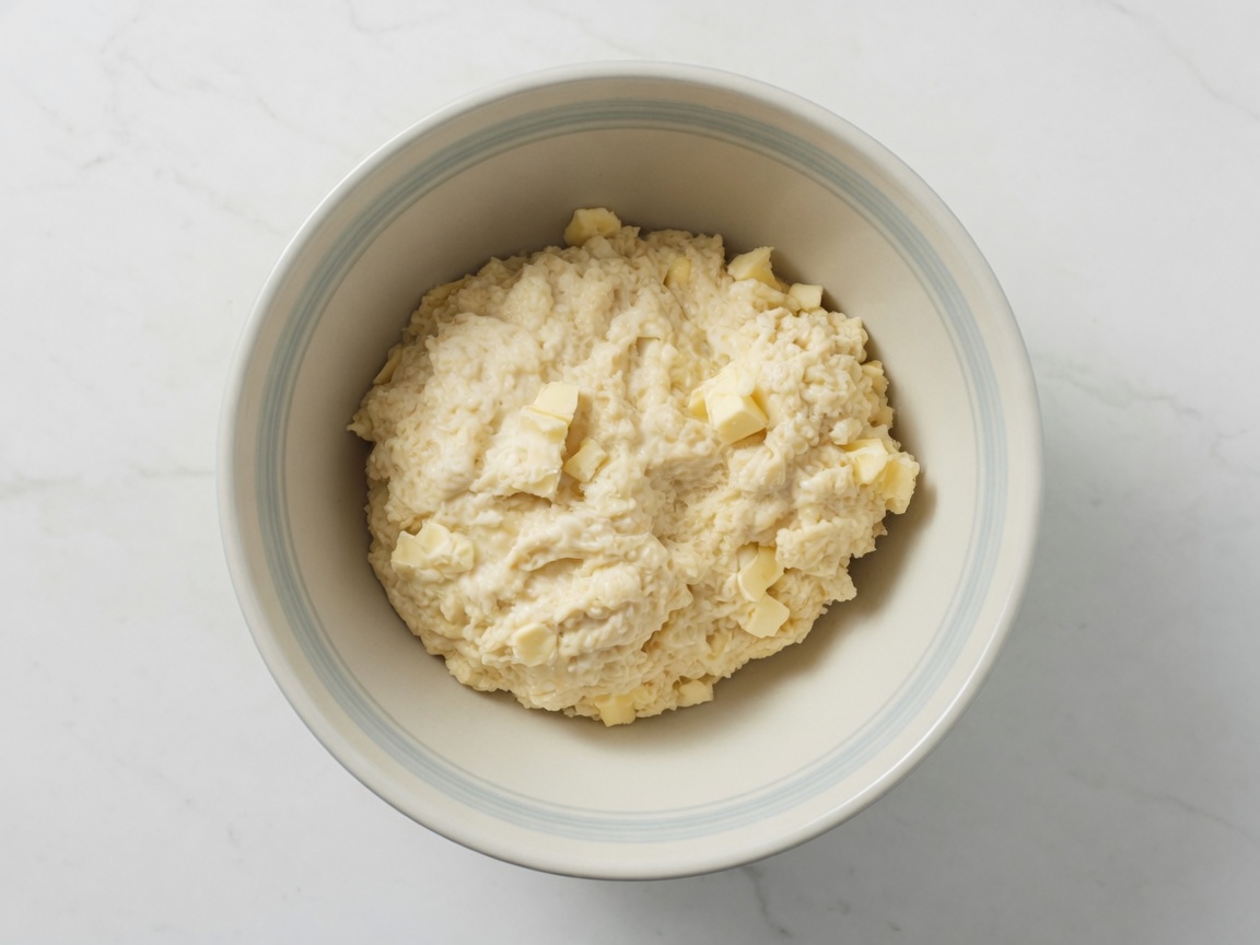 Cold buttermilk pouring into flour with pea-size butter cubes