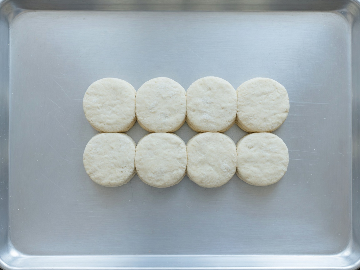 Eight unbaked biscuit rounds close together on a bare baking sheet