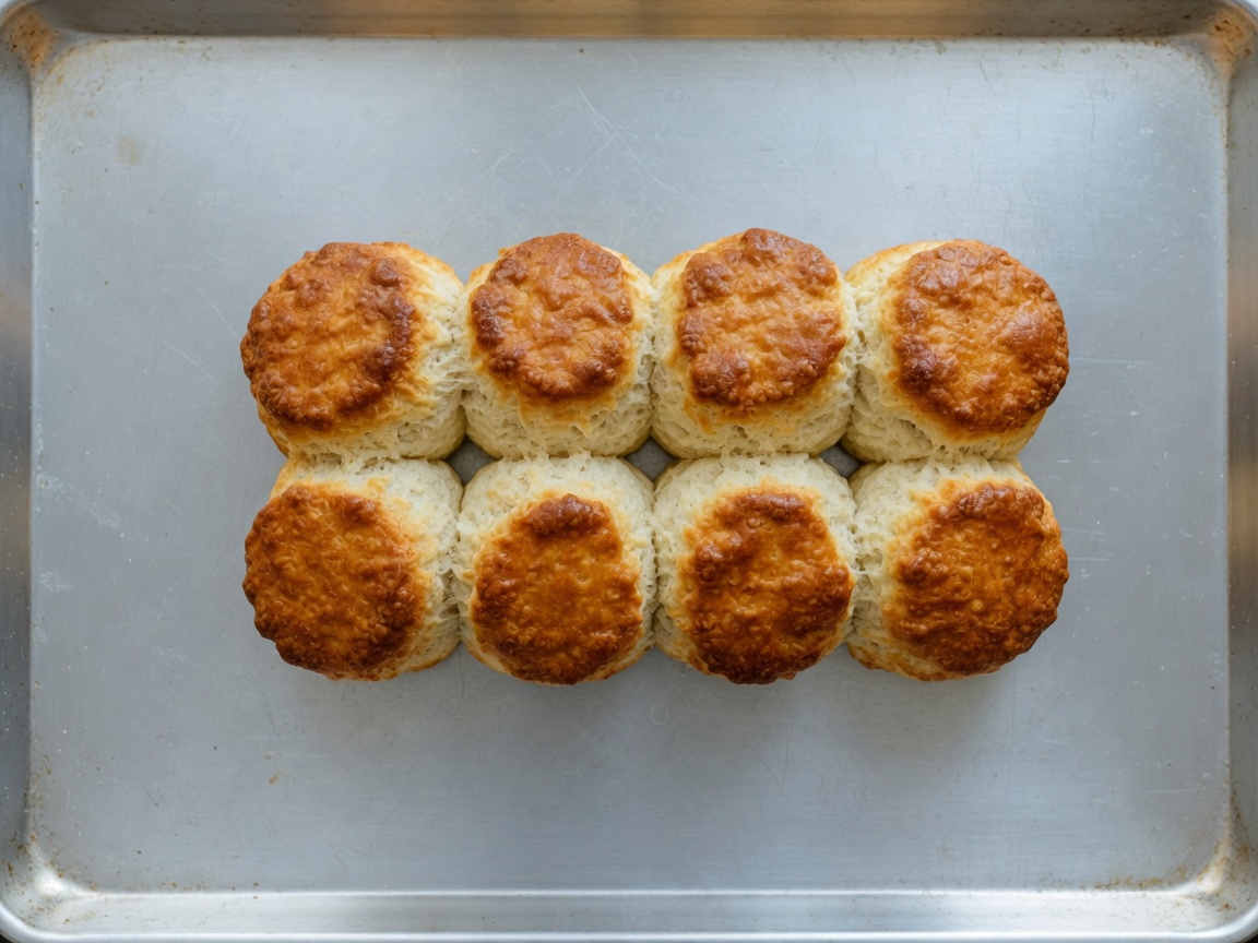 Eight tall golden baked biscuits on a bare baking sheet