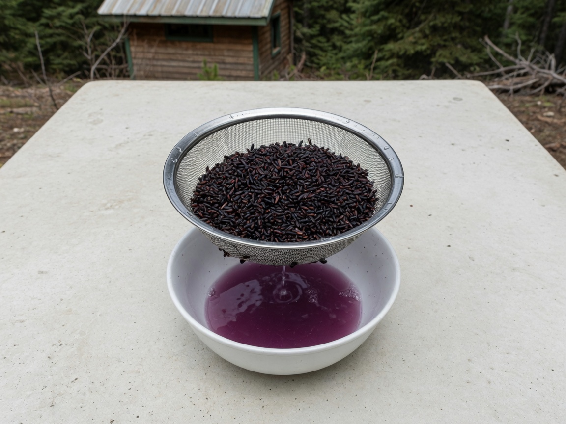 Black rice rinsing in a metal strainer until the water runs purple
