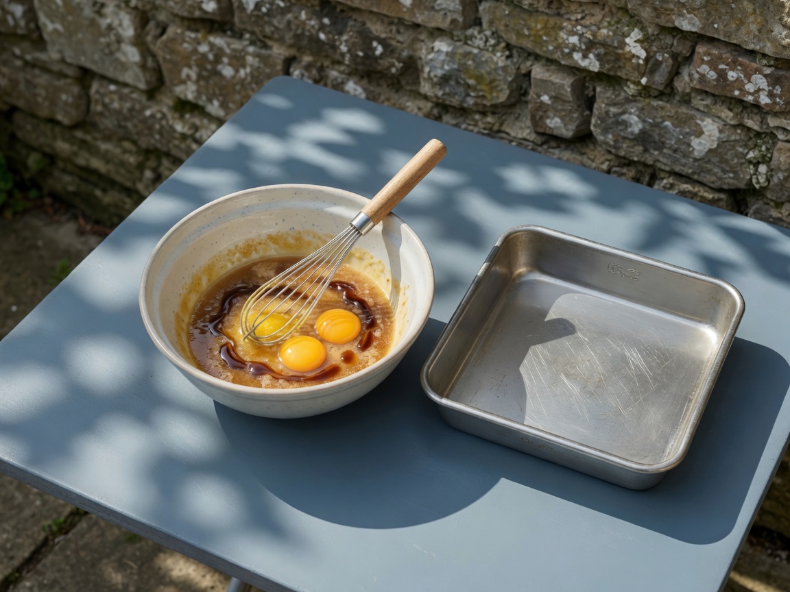 Greased 8-inch square pan beside a bowl of melted butter, brown sugar, and two eggs