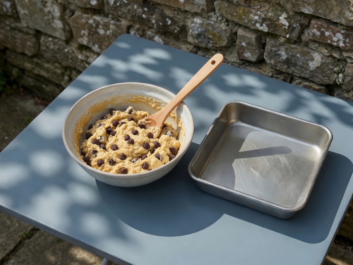 Blondie batter with chocolate chips being folded in the same bowl