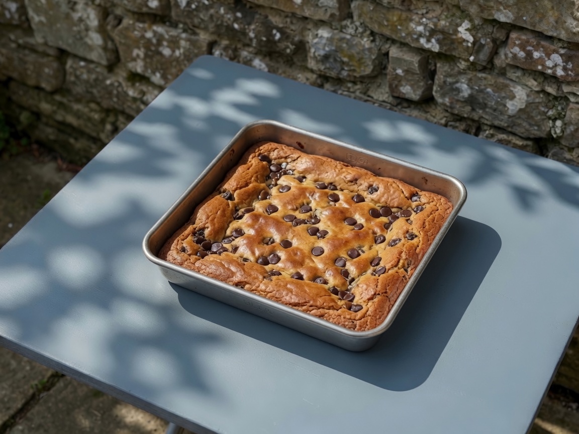 Uncut golden chocolate-chip blondie slab cooling in the same 8-inch square pan