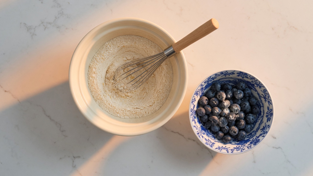 Dry flour mix in a cream bowl beside blueberries tossed with flour