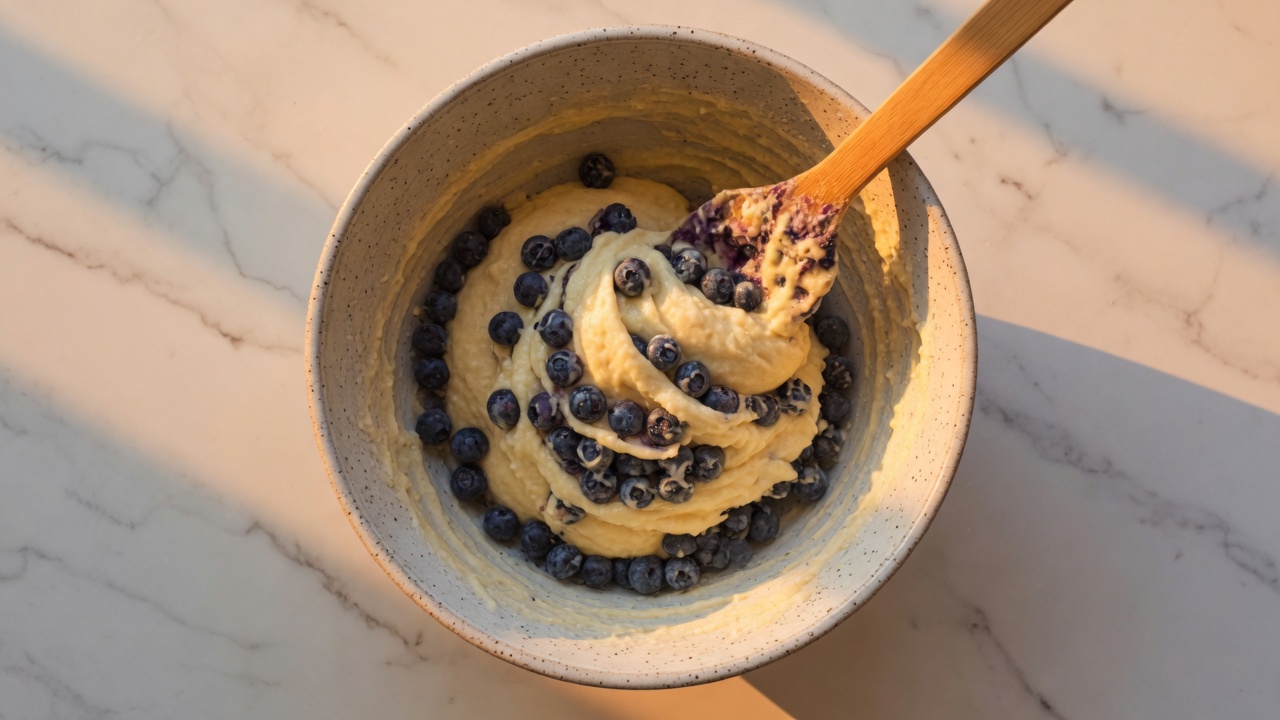 Muffin batter with blueberries being folded by a wooden spoon