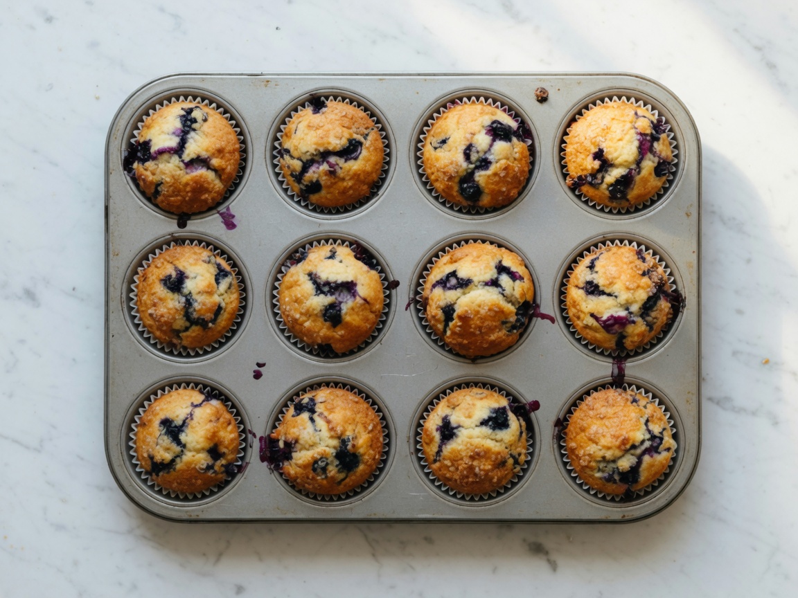 Twelve baked blueberry muffins in the tin
