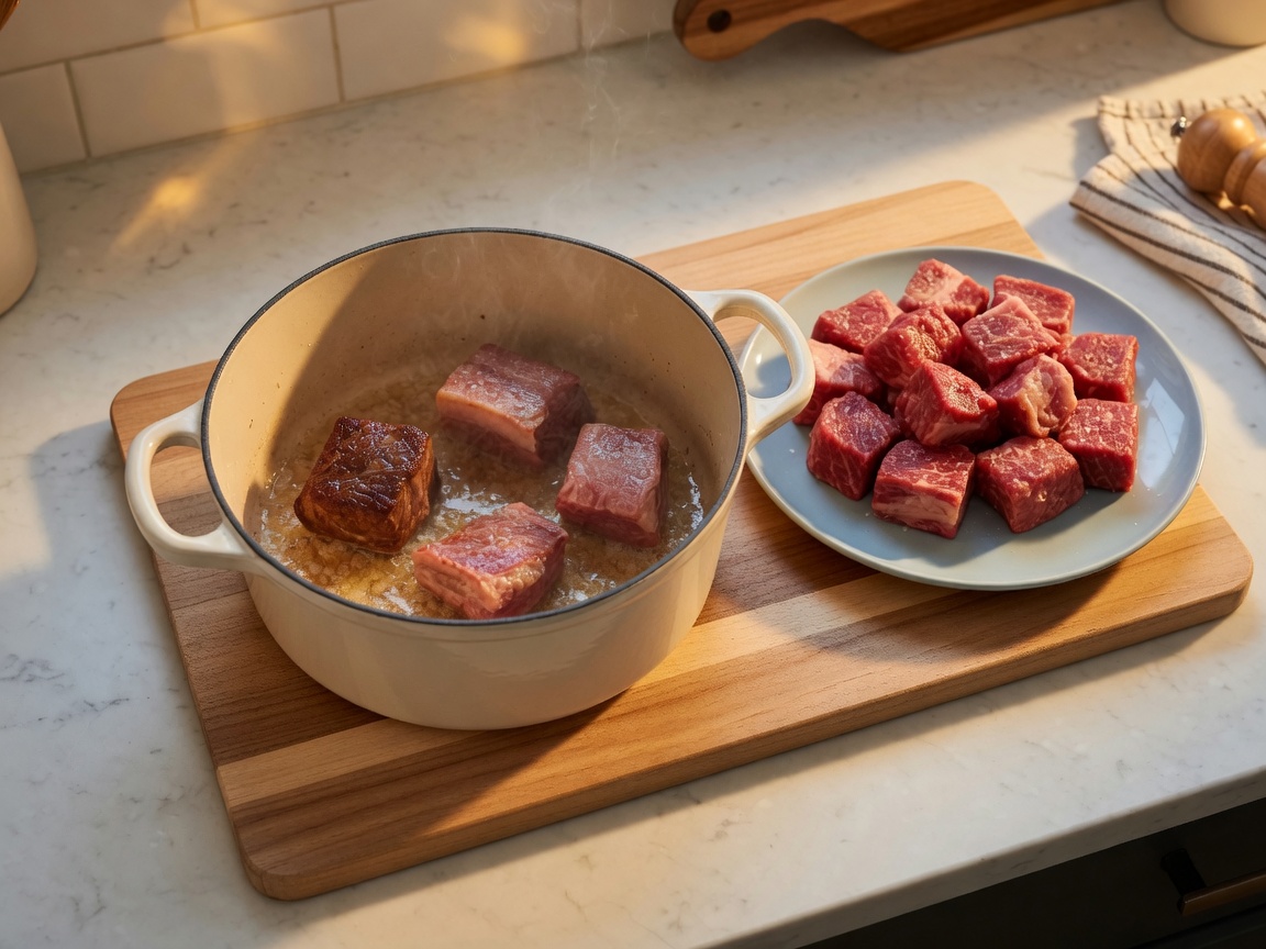 Beef browning in batches in a cream Dutch oven, remaining cubes on a plate
