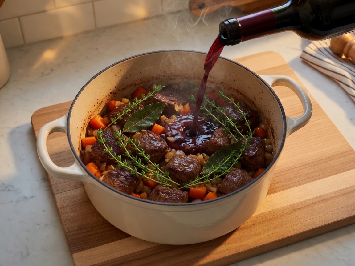 Red wine pouring into the same cream Dutch oven with browned beef, carrot, onion, thyme, and two bay leaves