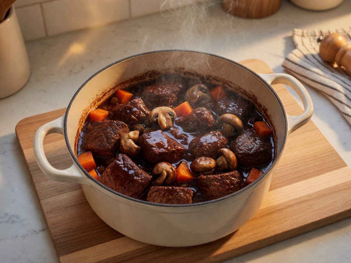 Finished wine-dark bourguignon in the same cream Dutch oven with mushrooms stirred in