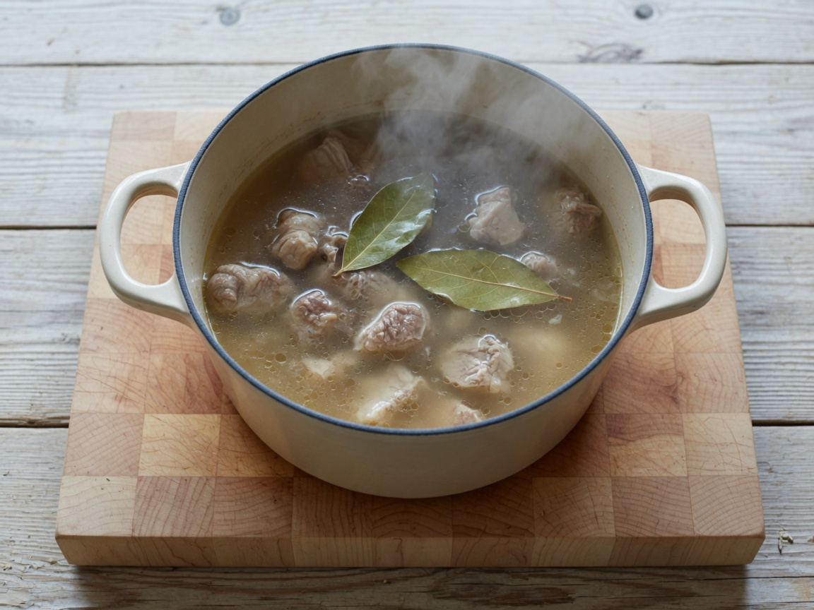 Beef chuck simmering in a cream Dutch oven with two bay leaves