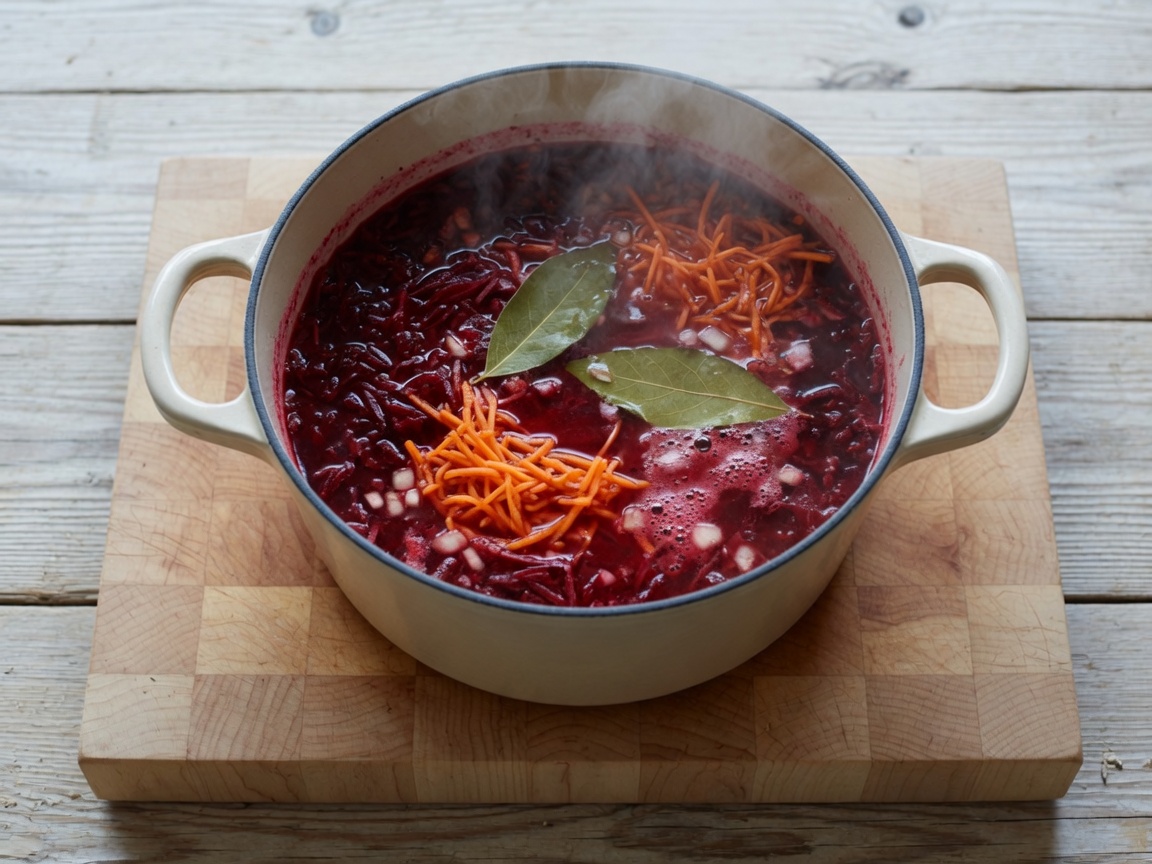 Shredded beets and carrot in the same pot, broth turned red, beef lifted out