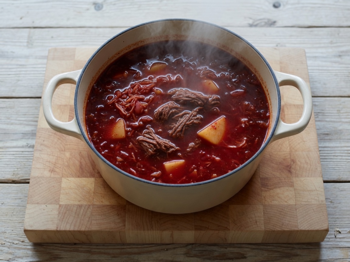 Finished red borscht in the same pot with shredded beef returned, bay leaves gone