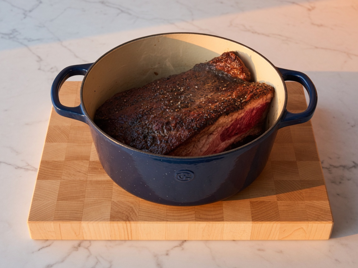 Brisket searing in a navy Dutch oven, one side browned