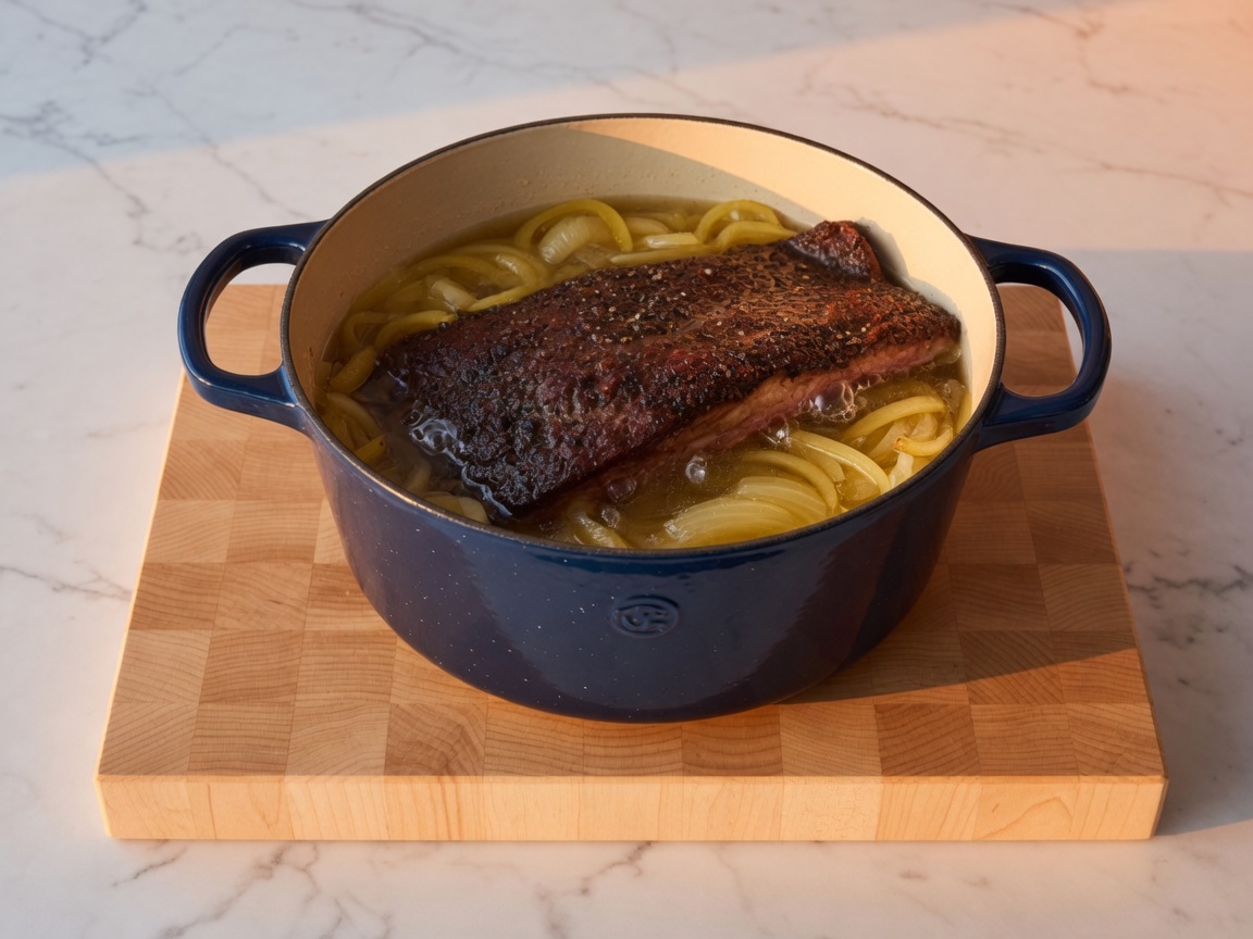 Brisket returned to the same navy pot on onions, water a third of the way up