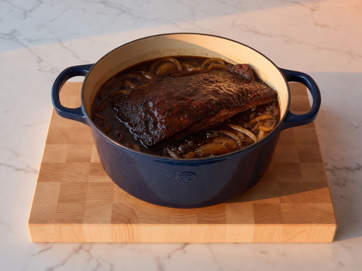 Fork-tender unsliced brisket after the long braise in the same navy pot
