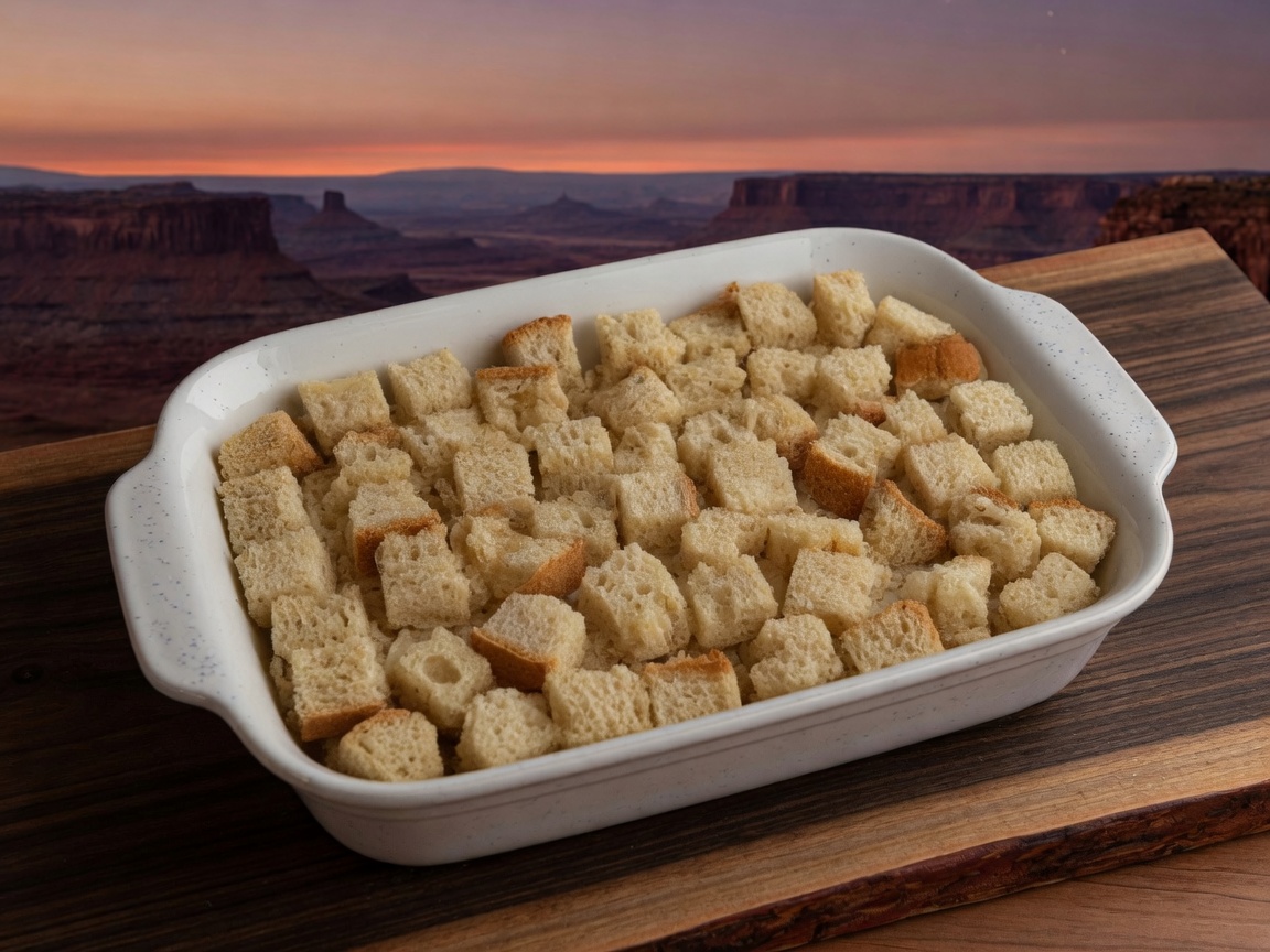 Buttered 9x13 dish filled with stale bread cubes, no custard yet