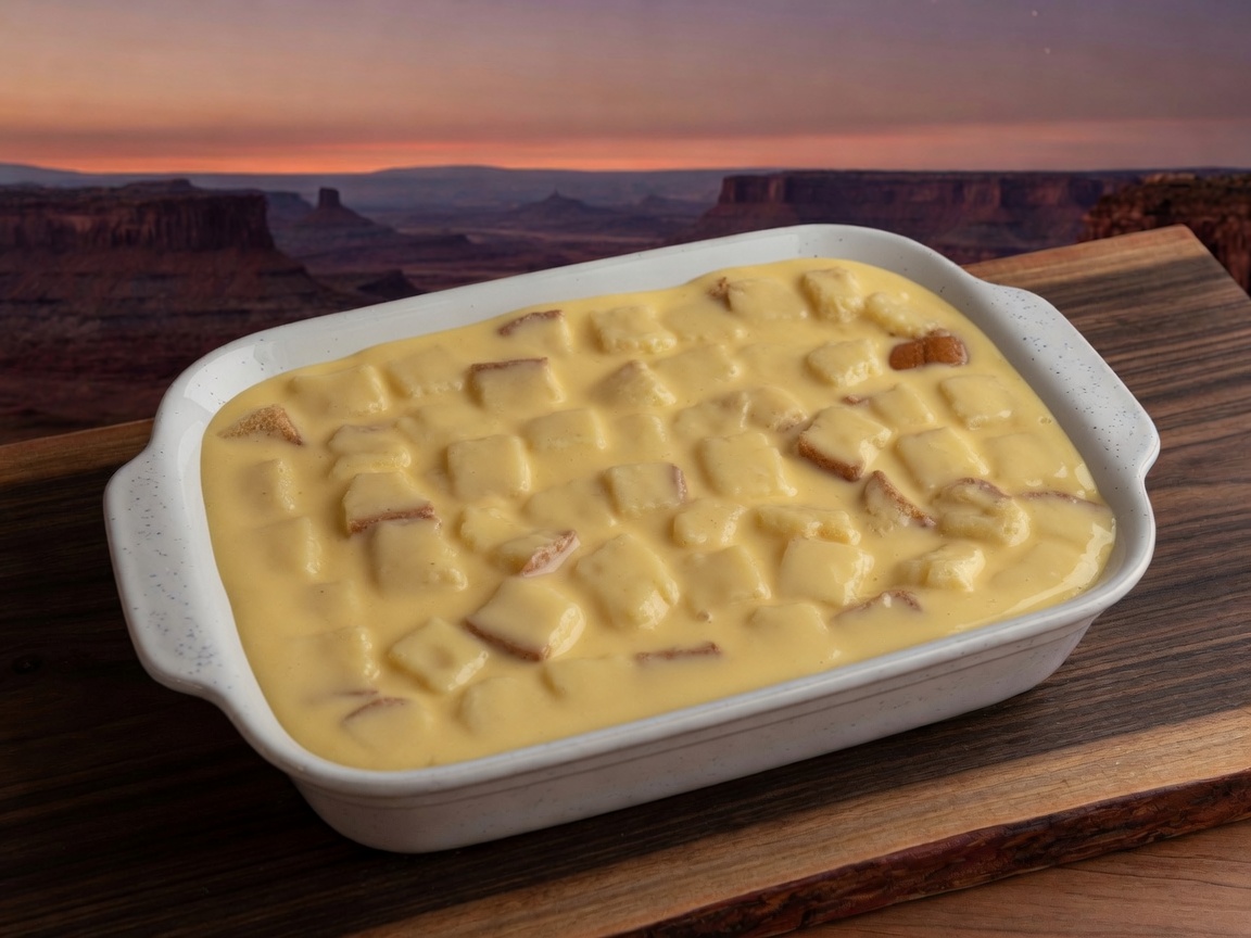 Custard poured over the bread cubes in the same 9x13 dish, cubes pressed down to soak