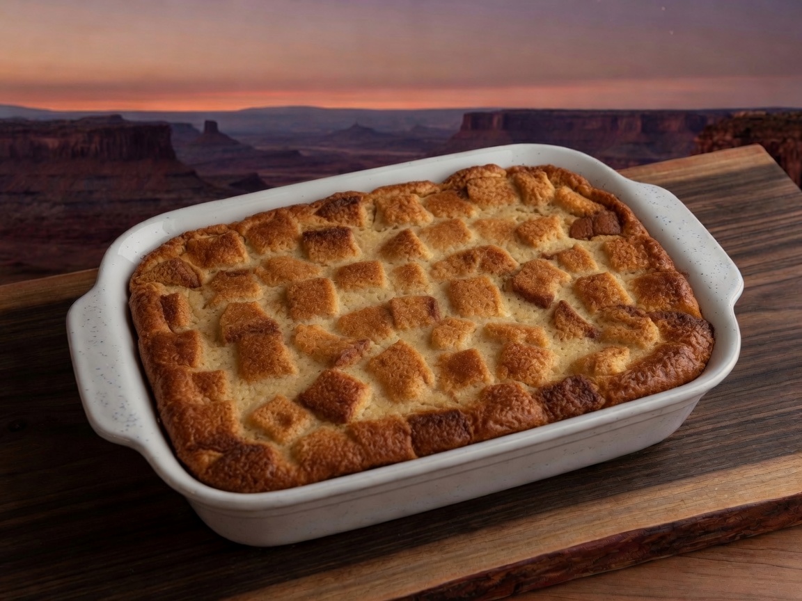 Baked bread pudding with a gold top, uncut, in the same 9x13 dish