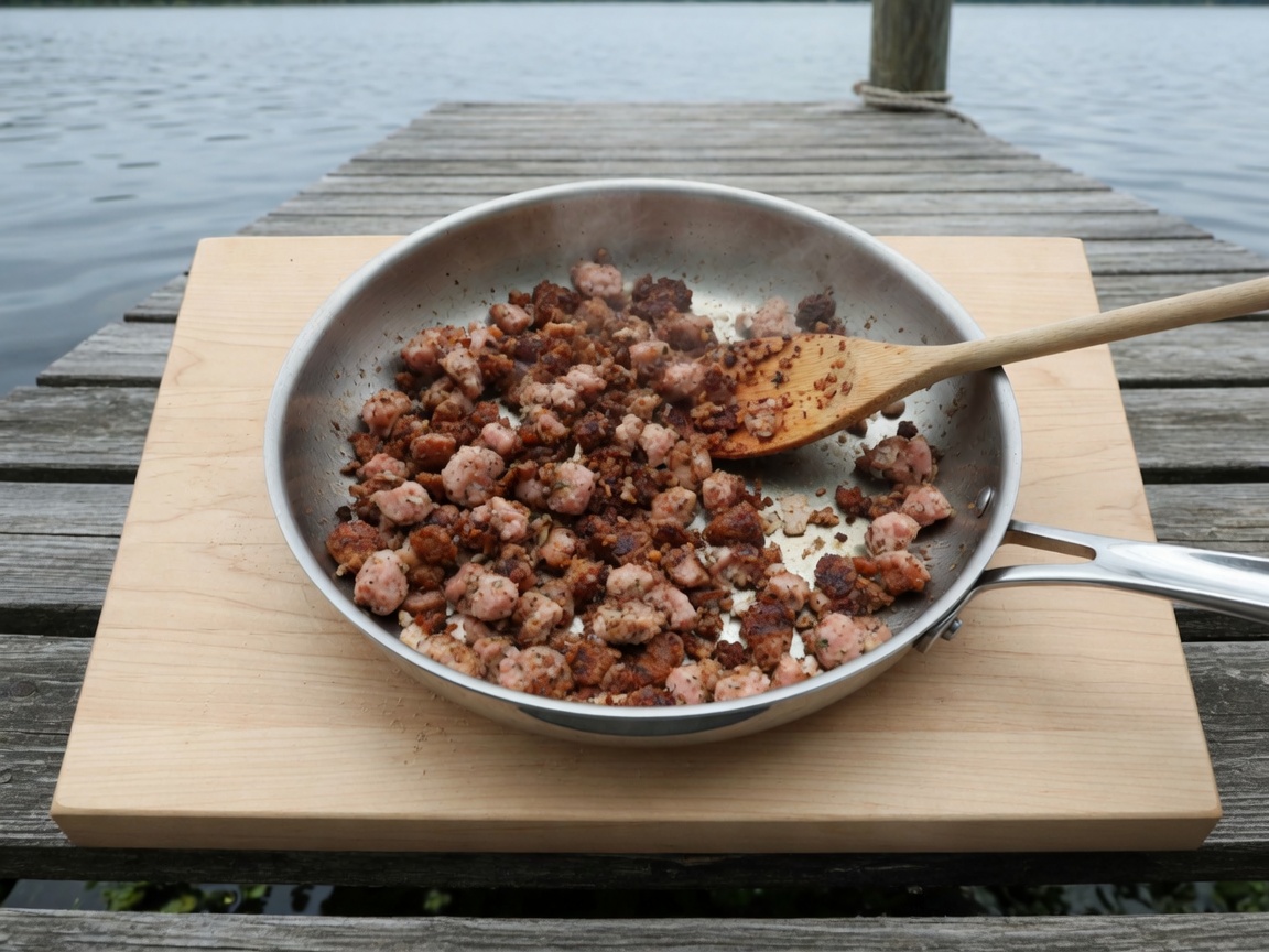 Breakfast sausage browning in a wide stainless skillet