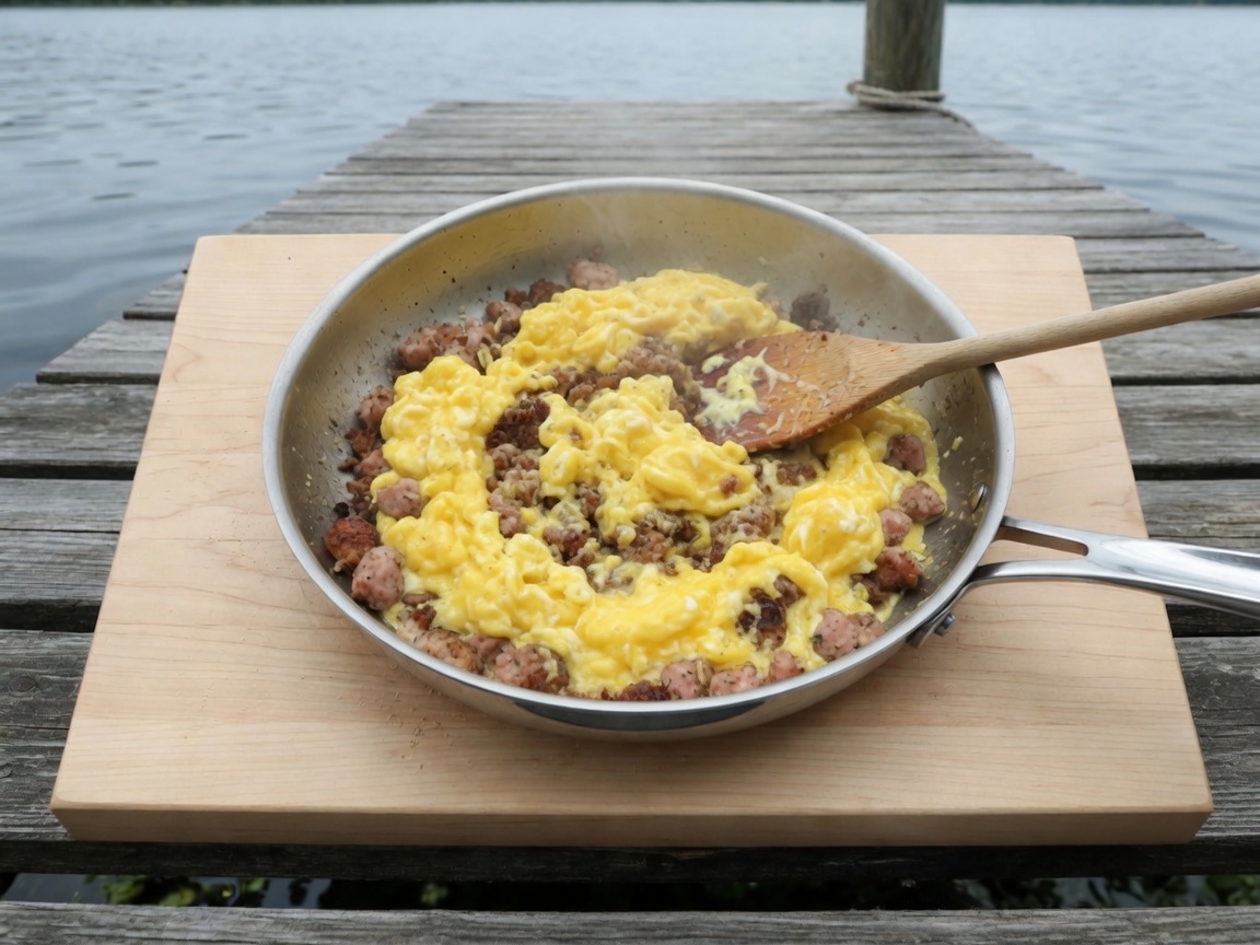 Eggs scrambling with sausage in the same skillet, still wet and just set