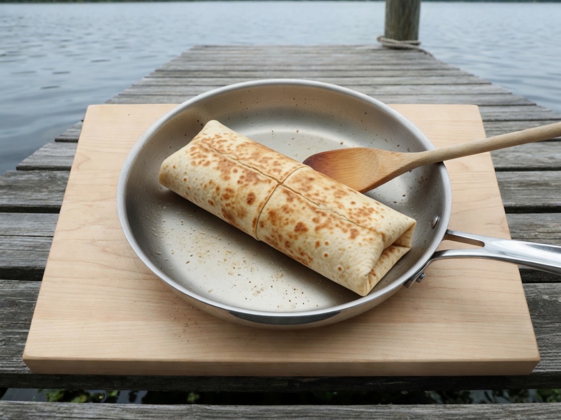 Breakfast burrito toasting seam-down in the same skillet