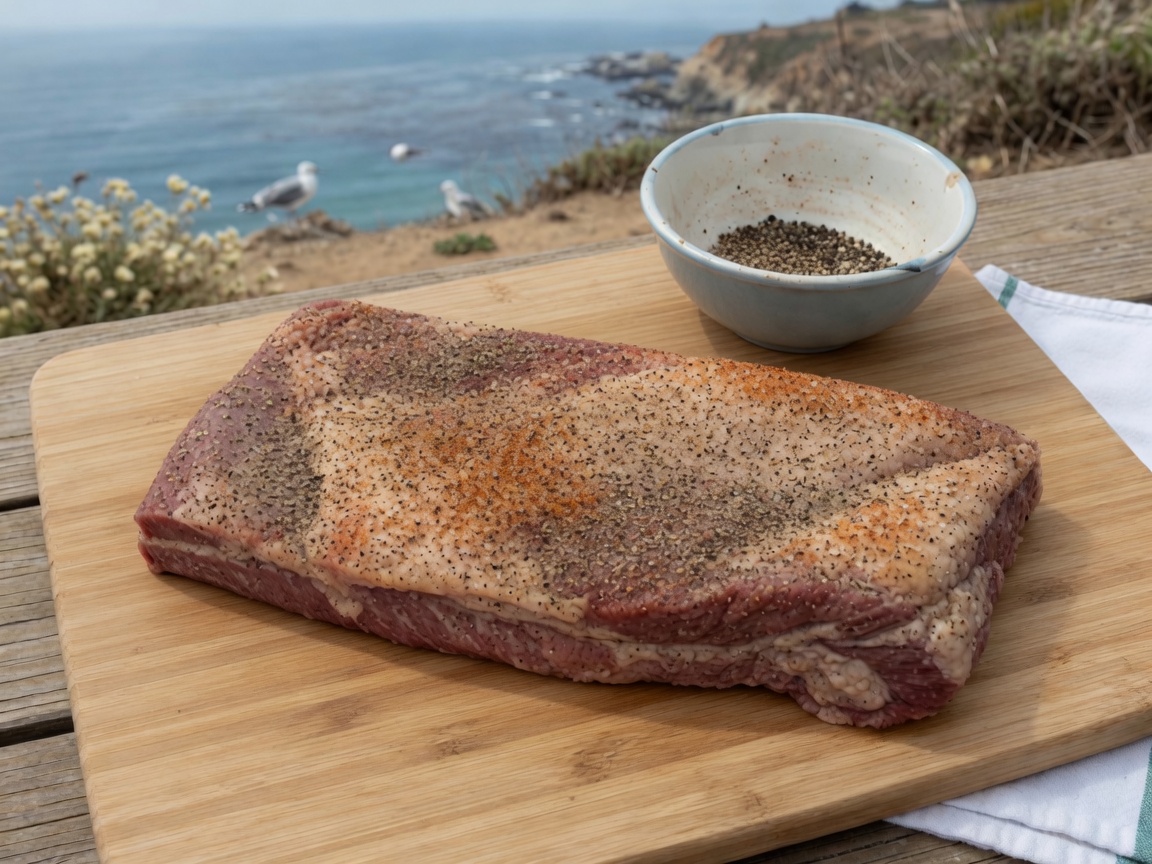 Whole packer brisket coated in paprika salt and pepper rub on a bamboo board