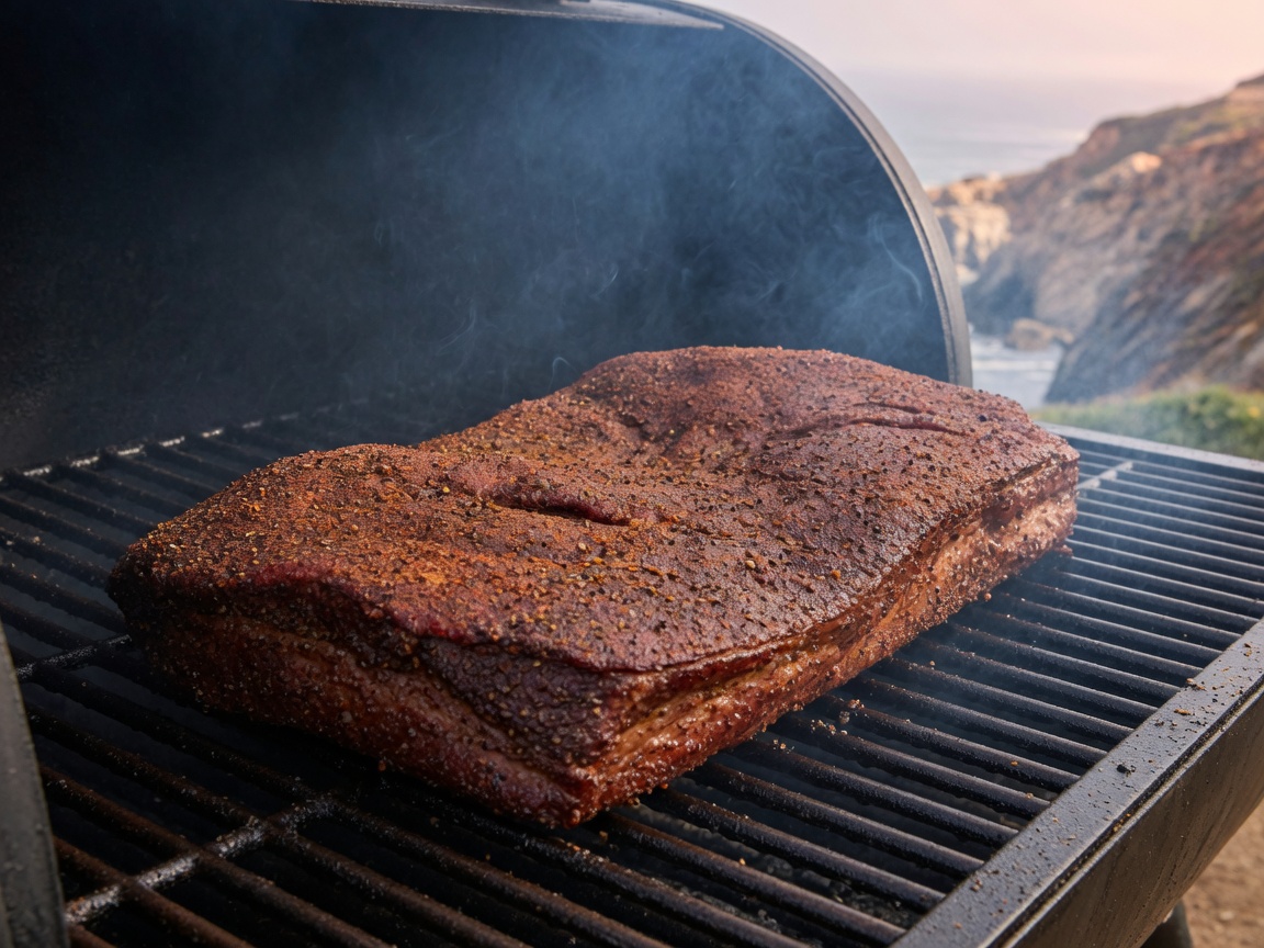 Rubbed brisket fat-side up on a smoker grate, bark setting, unwrapped