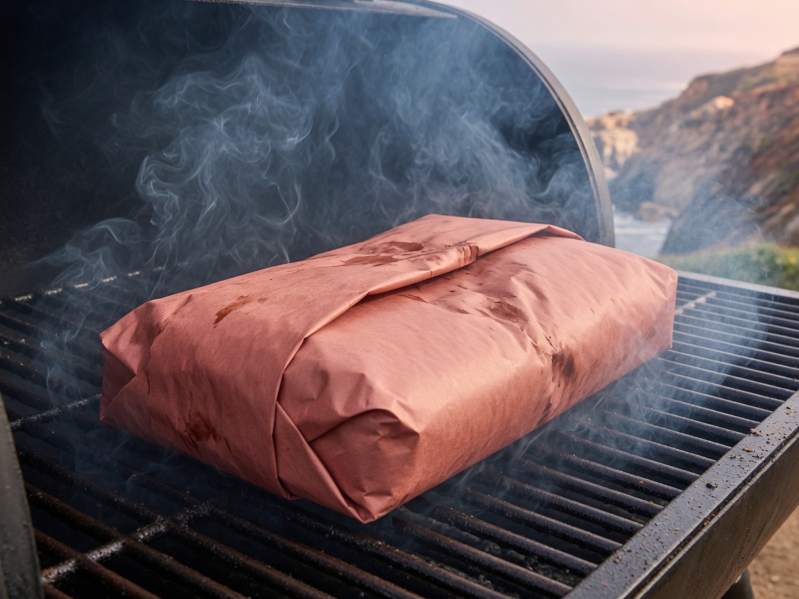 Brisket wrapped in butcher paper on the same smoker grate