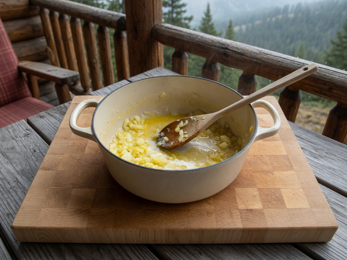 Chopped onion softening in melted butter in a cream Dutch oven