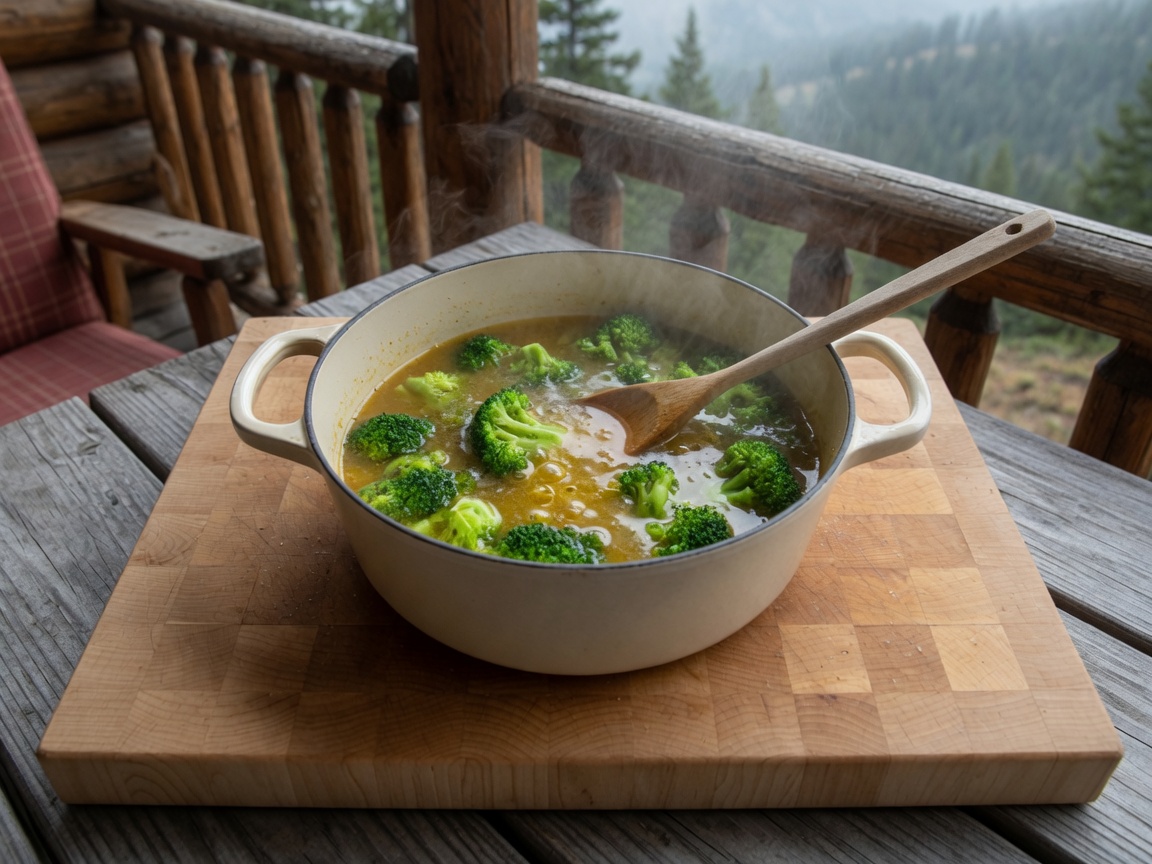 Small broccoli florets simmering in broth in the same cream pot