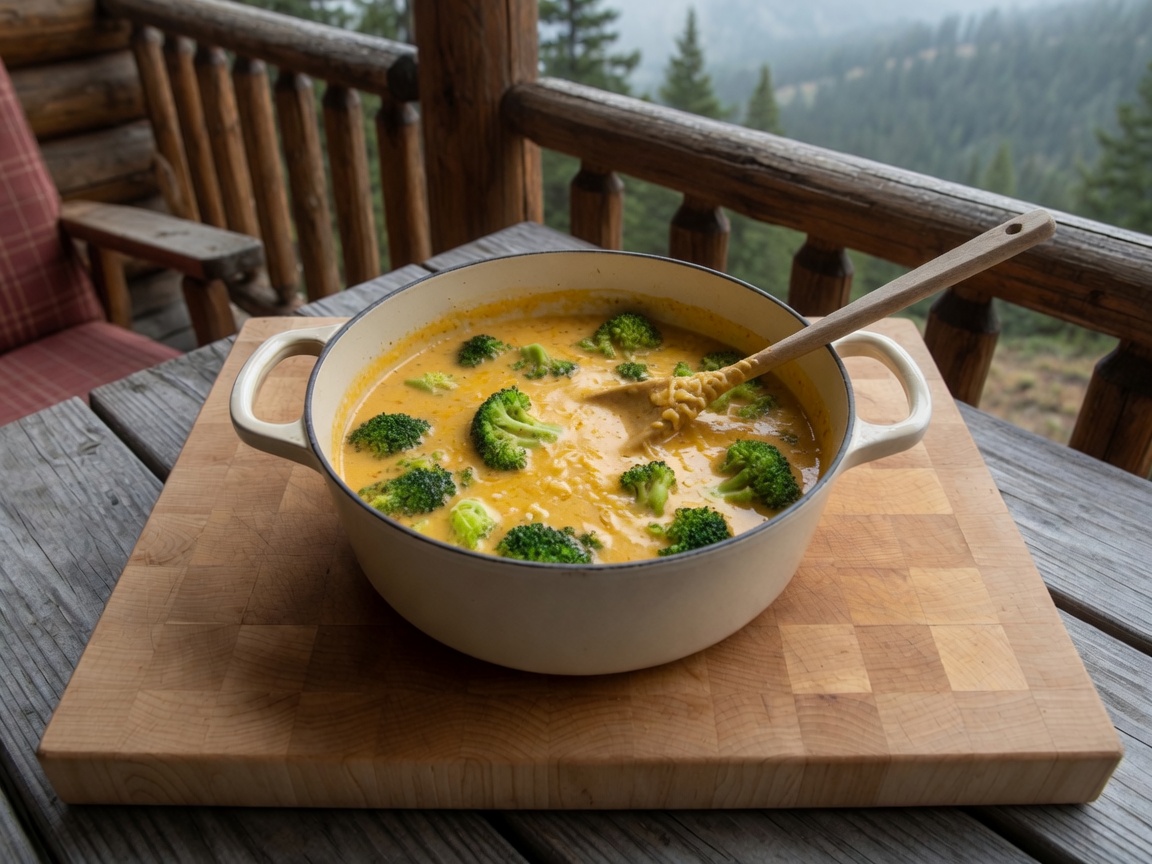 Cheddar melted off the heat in the same cream pot, thick soup with florets