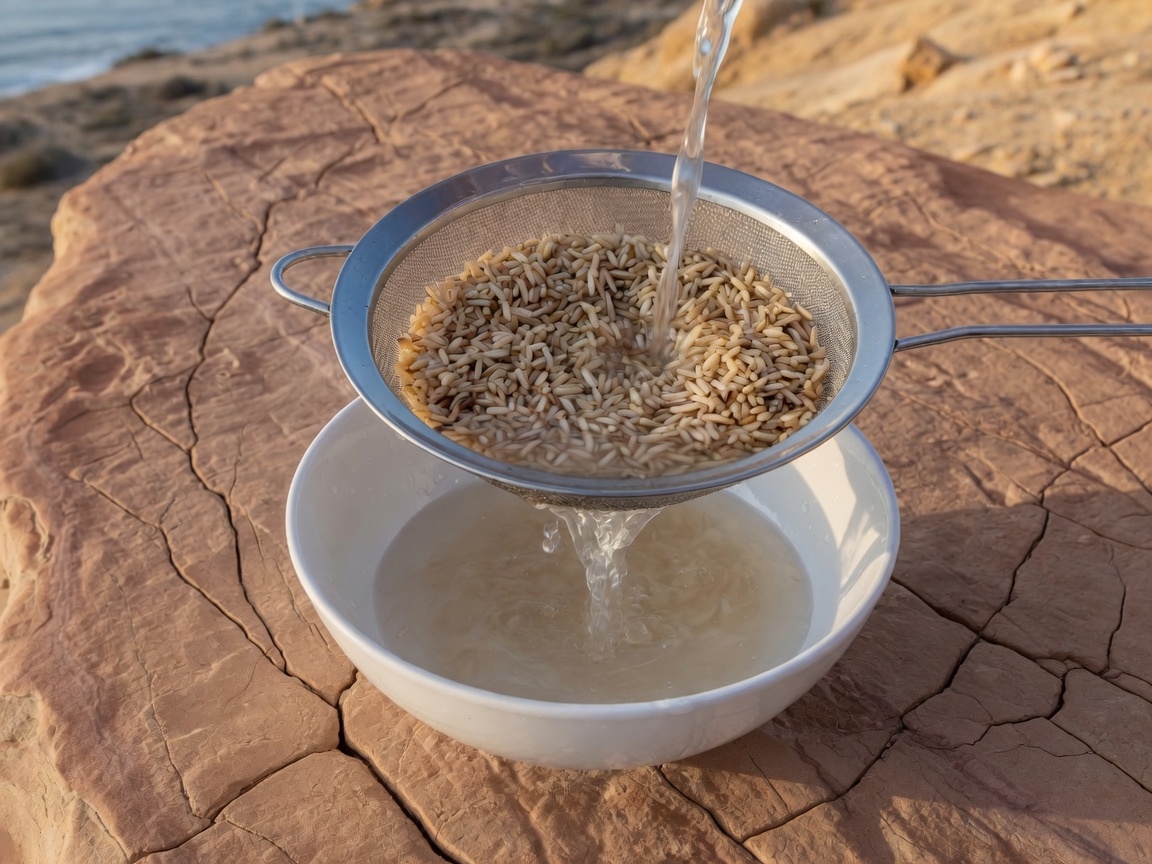 Long-grain brown rice rinsing in a metal strainer until the water runs almost clear