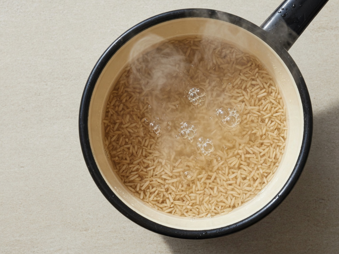 Brown rice and water coming to a boil in a cream enamel saucepan