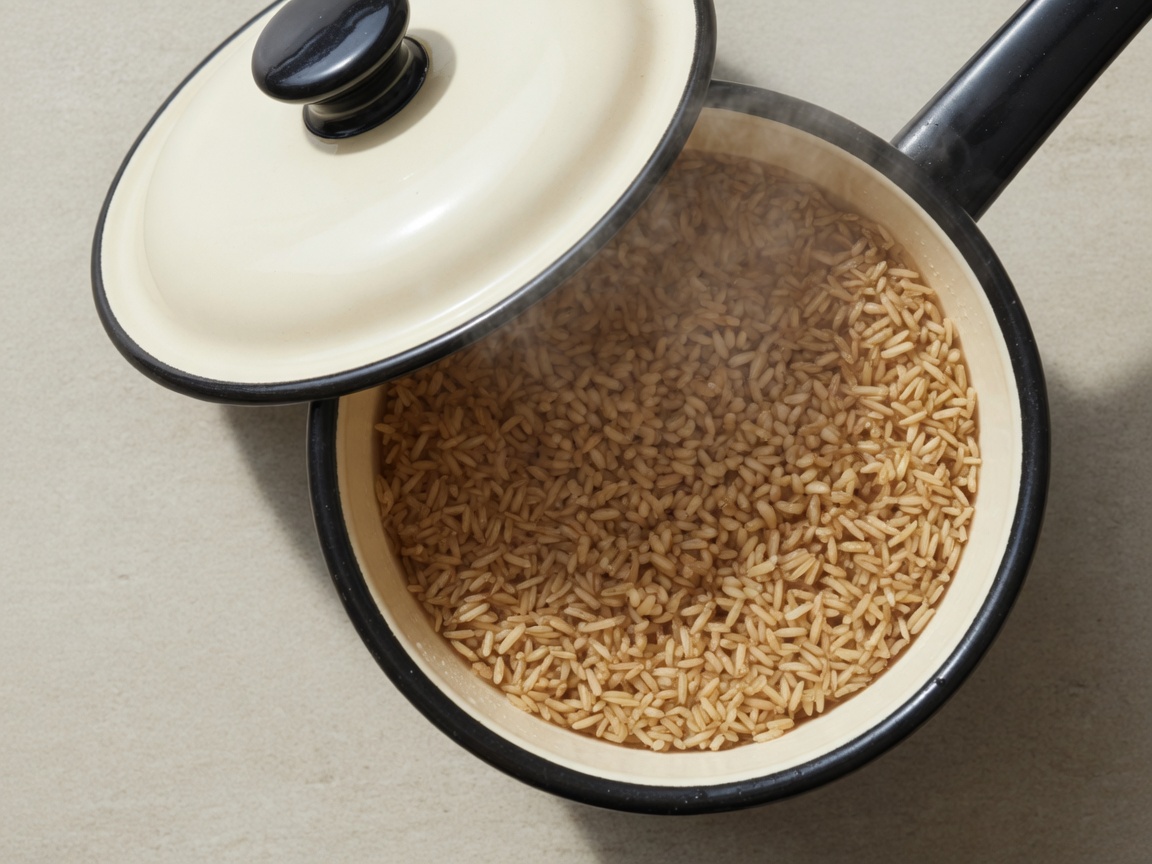 Cooked brown rice in the same cream saucepan with the lid ajar