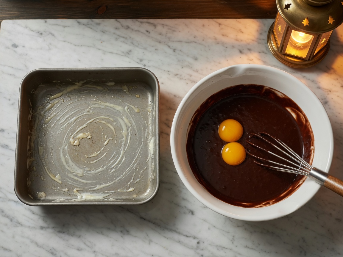 Greased 8-inch square pan beside a bowl of melted chocolate with two egg yolks