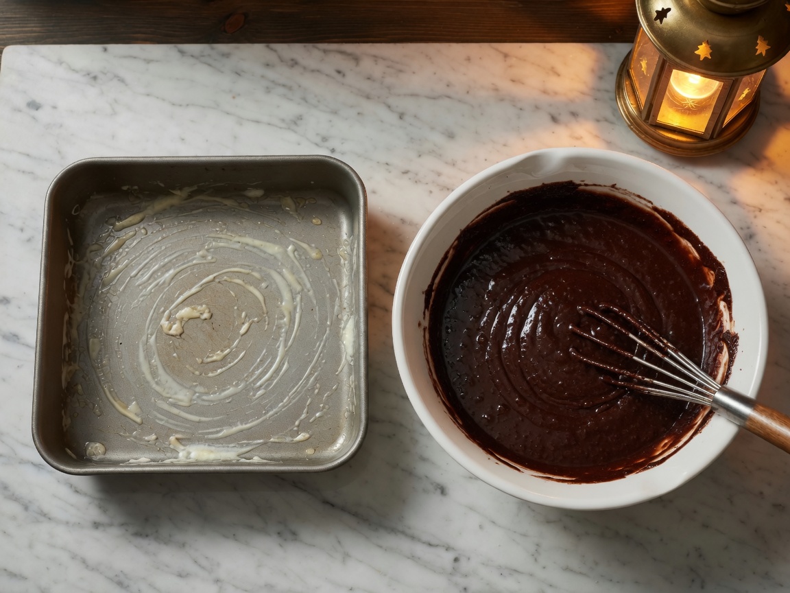 Thick chocolate batter in the same bowl after the flour disappears