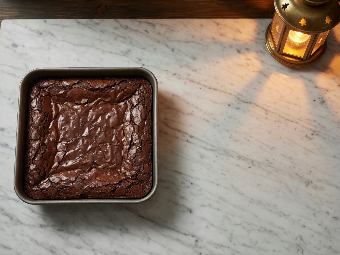 Uncut baked brownie slab cooling in the same 8-inch square pan