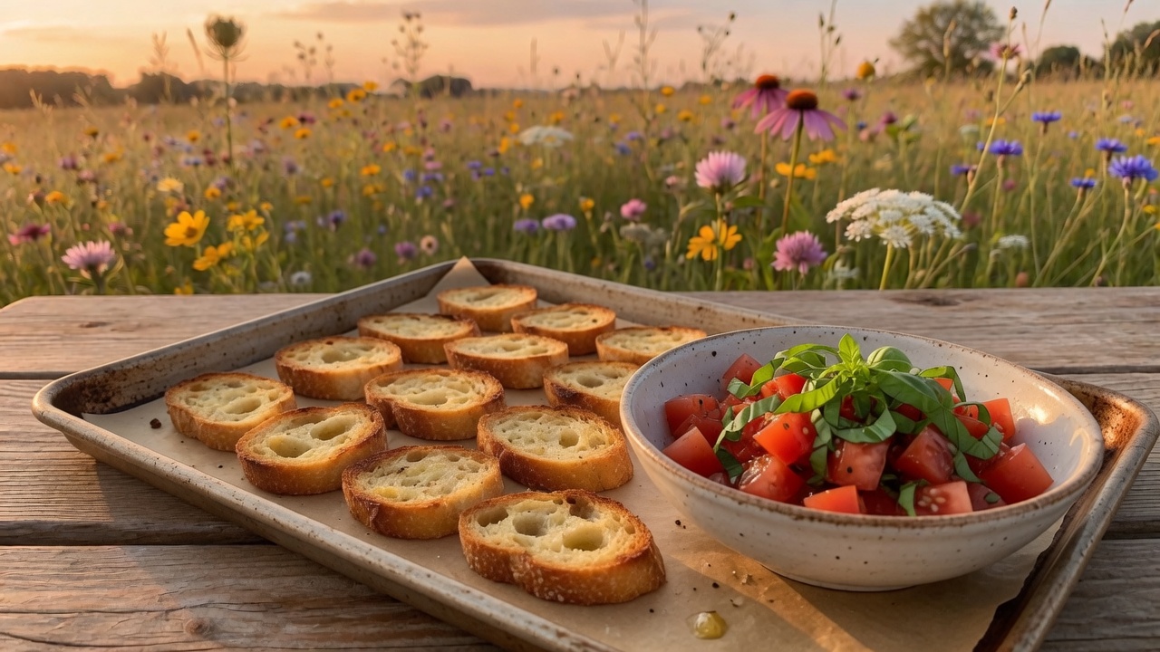 Toasted baguette slices and a bowl of tomatoes