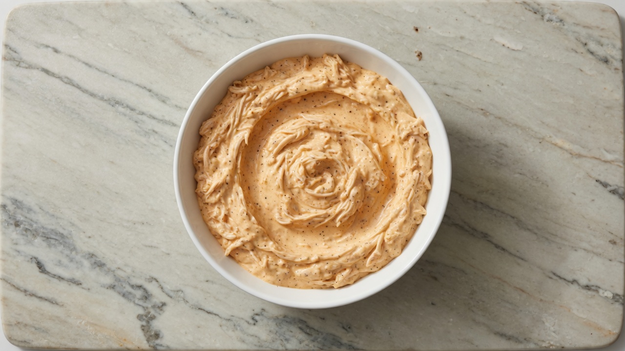 Buffalo chicken dip mixed in a bowl