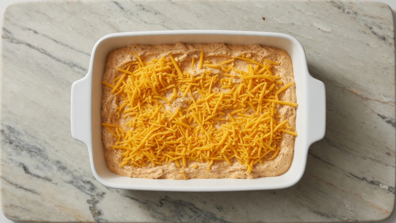 Dip spread in a baking dish with cheddar on top