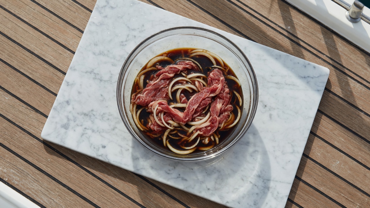 Beef and onion in soy marinade