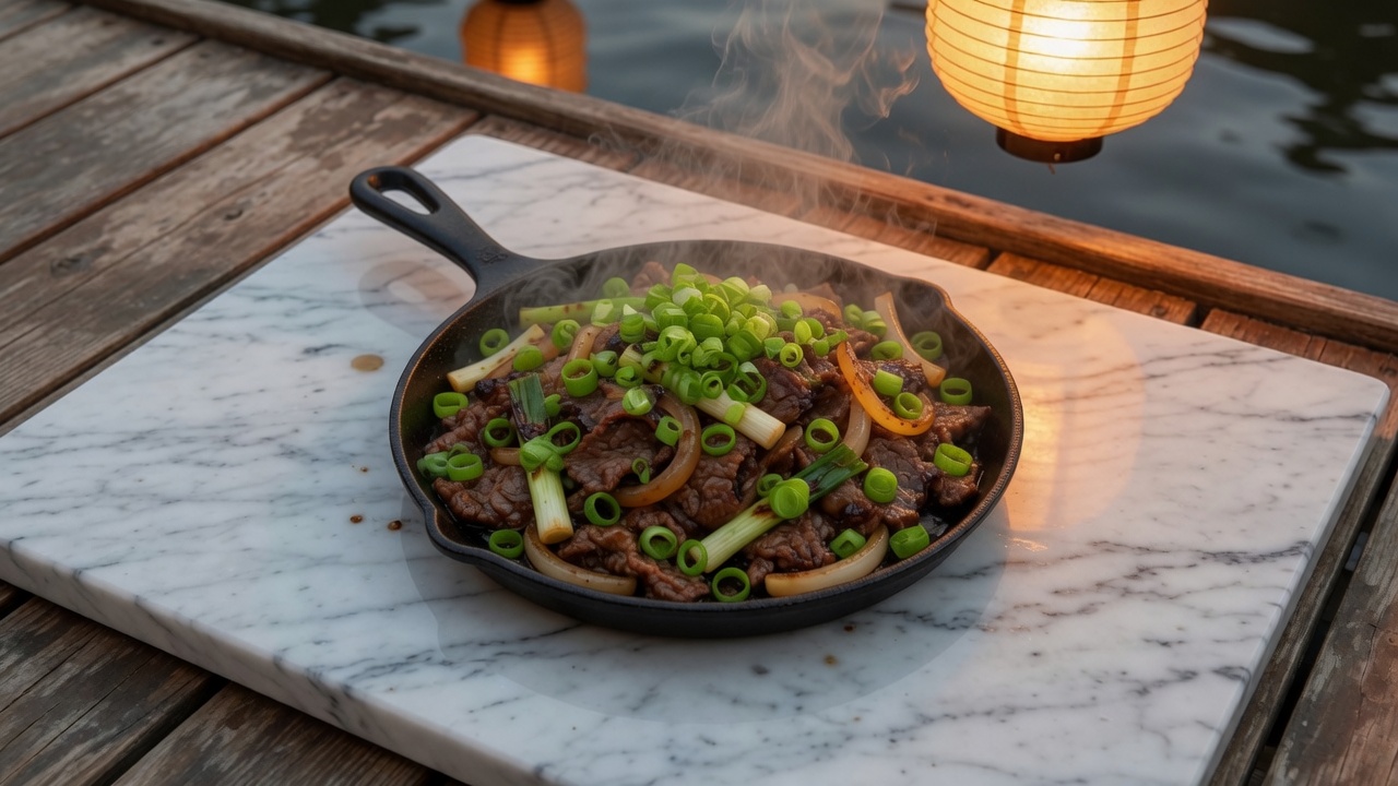 Scallions scattered over seared bulgogi