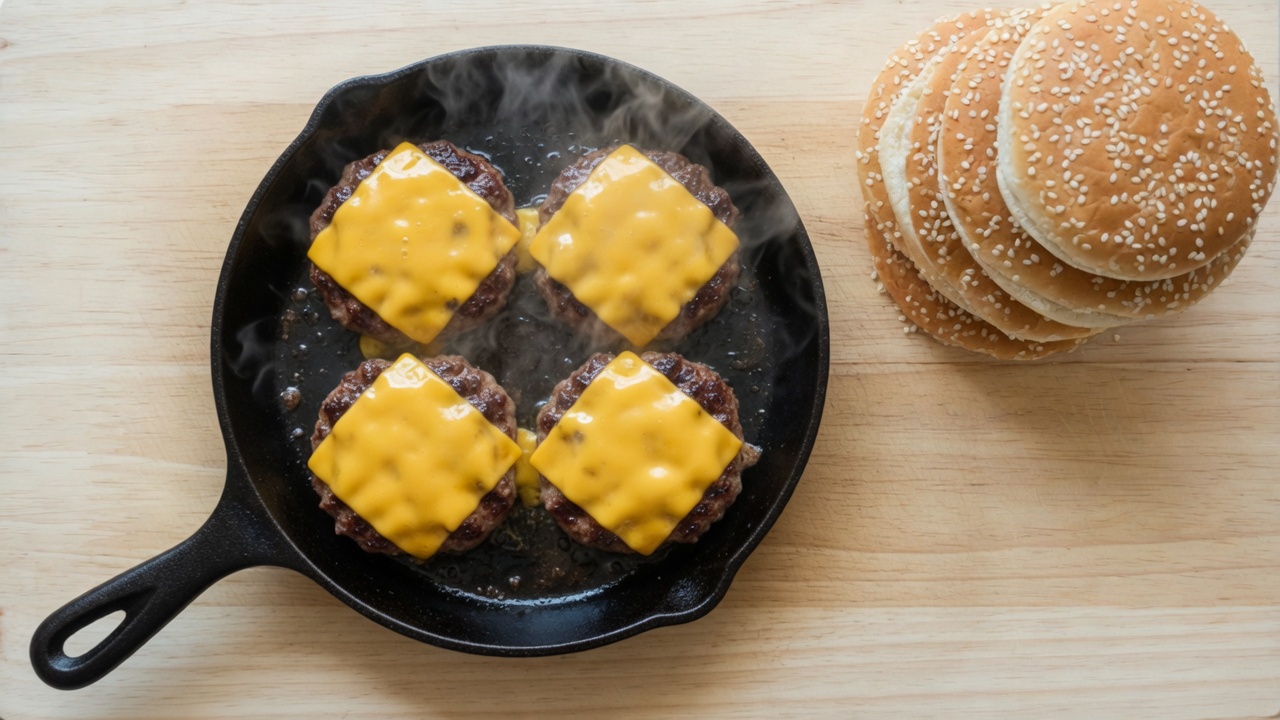 Patties cooking with cheddar melting