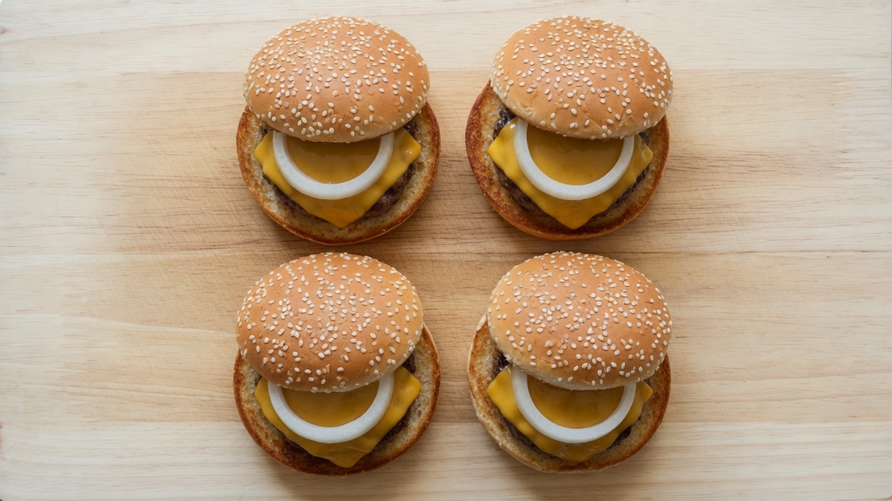 Four burgers built with onion on toasted buns