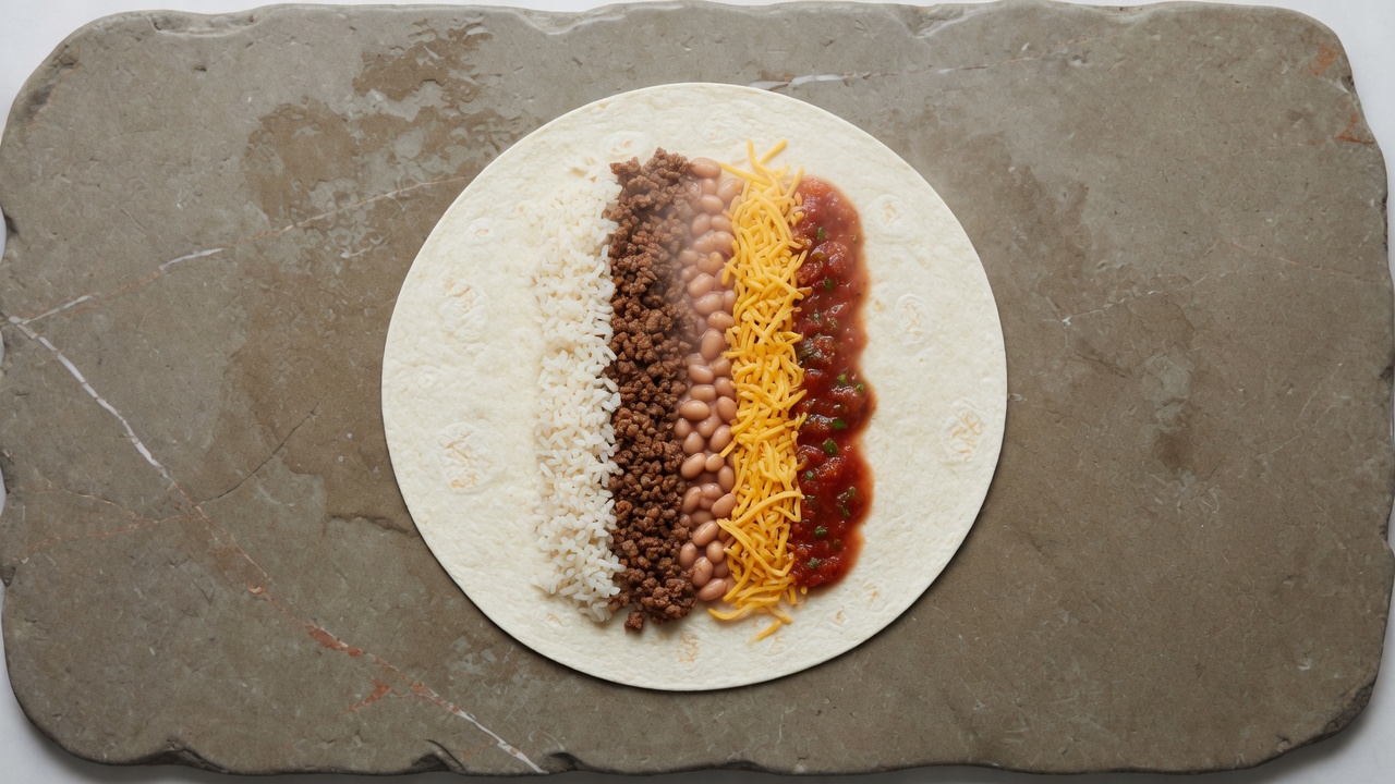 Fillings laid down the center of a tortilla