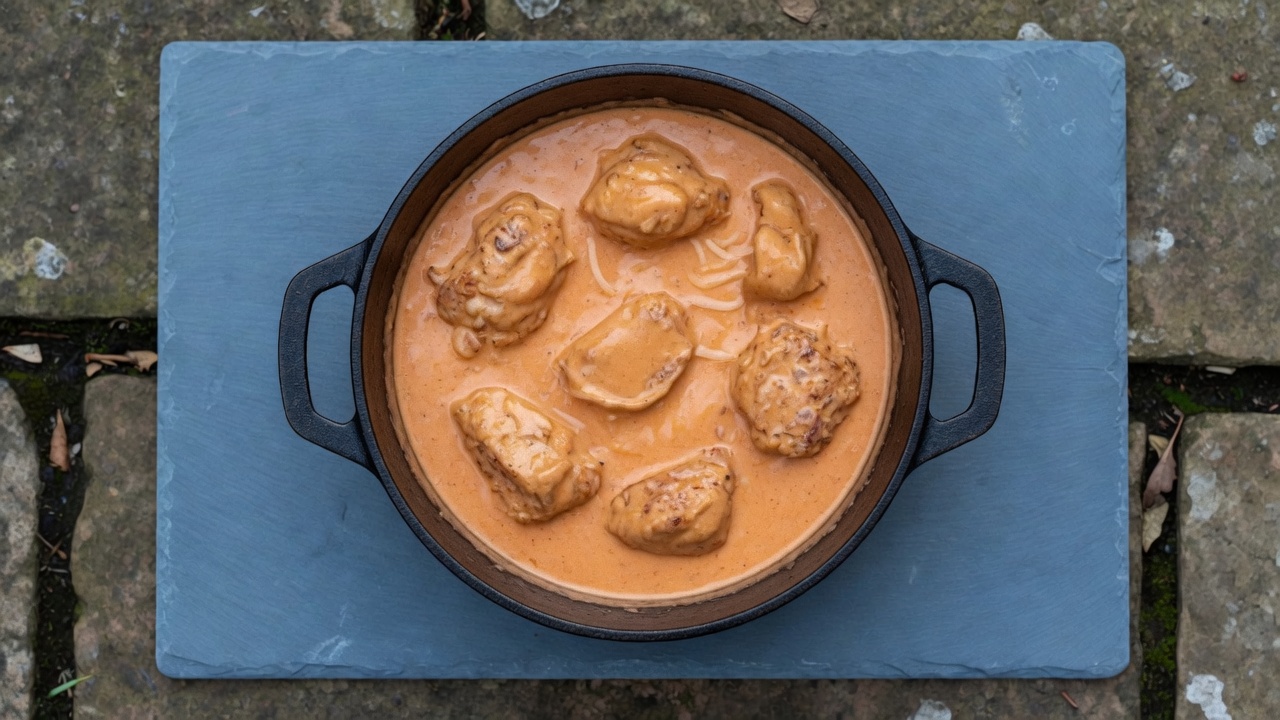 Chicken simmering in creamy butter-chicken sauce